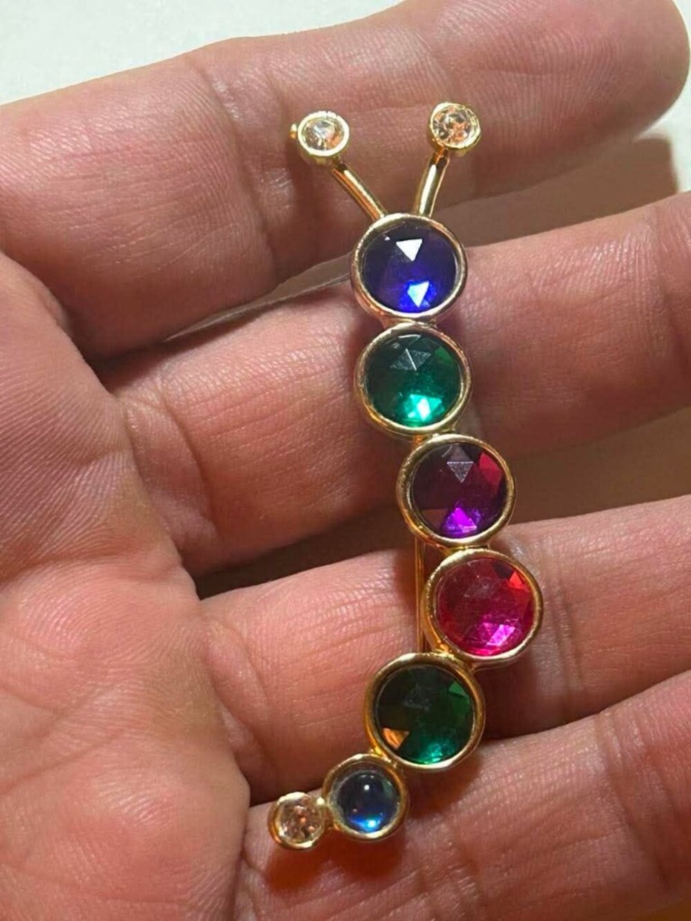 Vintage Caterpillar Multicolored Rhinestone Brooch Pin Preowned.  Please review